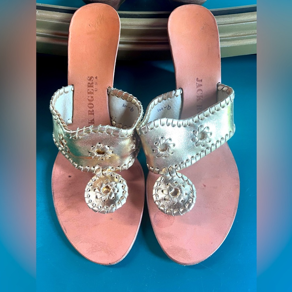 Jack Rogers Metallic Gold Hamptons Leather High Wedge Sandals